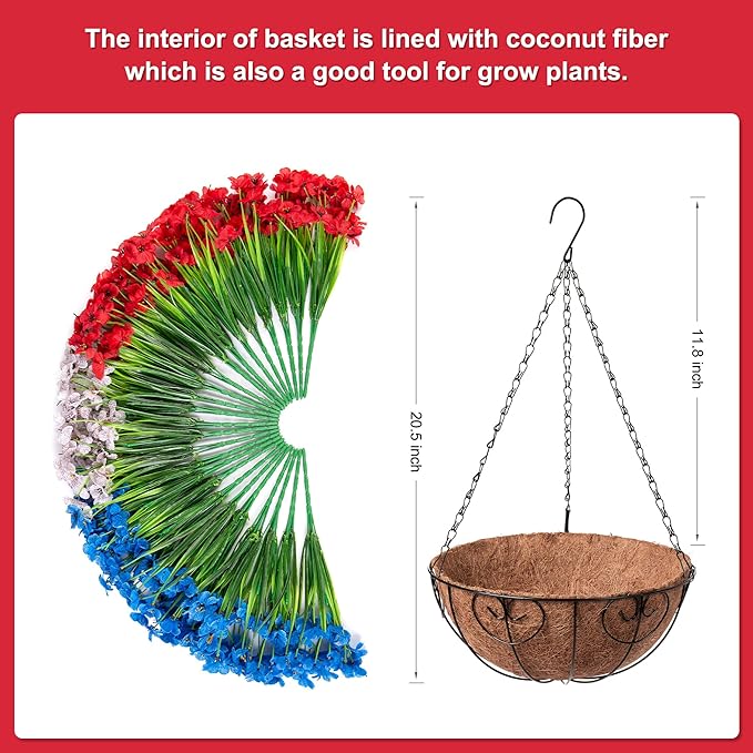 4th of July Artificial Hanging Flower Basket, UV Resistant, Bulk Quantity, DIY Decor