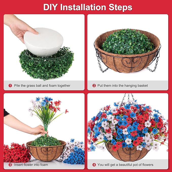 4th of July Artificial Hanging Flower Basket, UV Resistant, Bulk Quantity, DIY Decor
