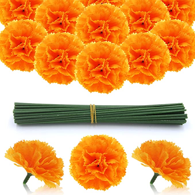 50 Pcs Artificial Marigold Flower Heads with Detachable Stems Bulk Wholesale