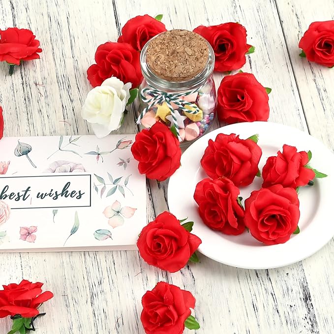 50 Pcs Artificial Tiny Rose Flower Heads for Crafts Wedding Centerpieces Bridal Shower Home Decor