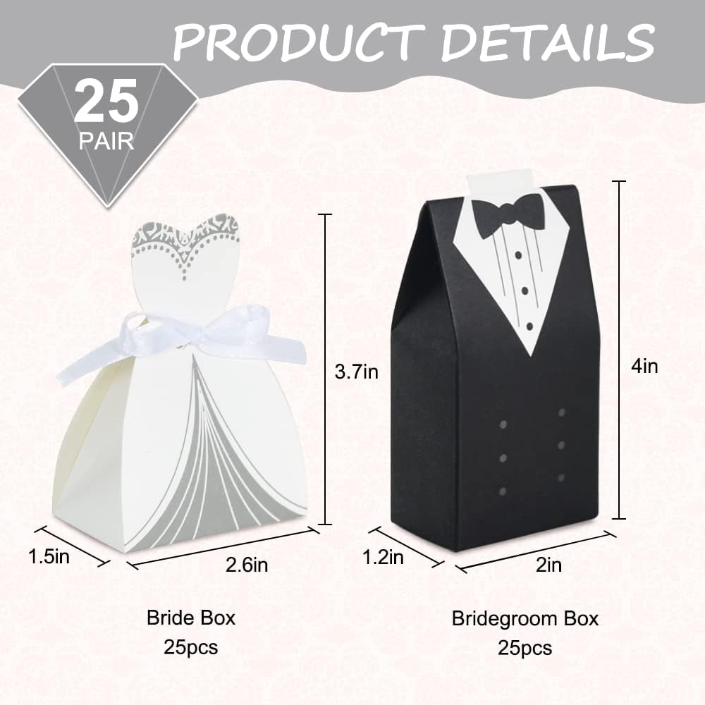 Bulk 50 Pcs Bride & Groom Wedding Party Favor Boxes Set Elegant Dress & Tuxedo Themed Candy Gift Boxes for Bridal Showers Receptions Party Decor Wholesale