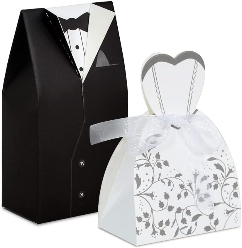 Bulk 50 Pcs Bride & Groom Wedding Party Favor Boxes Set Elegant Dress & Tuxedo Themed Candy Gift Boxes for Bridal Showers Receptions Party Decor Wholesale