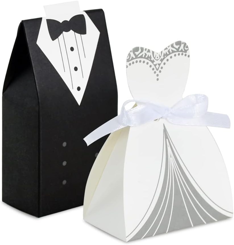 Bulk 50 Pcs Bride & Groom Wedding Party Favor Boxes Set Elegant Dress & Tuxedo Themed Candy Gift Boxes for Bridal Showers Receptions Party Decor Wholesale