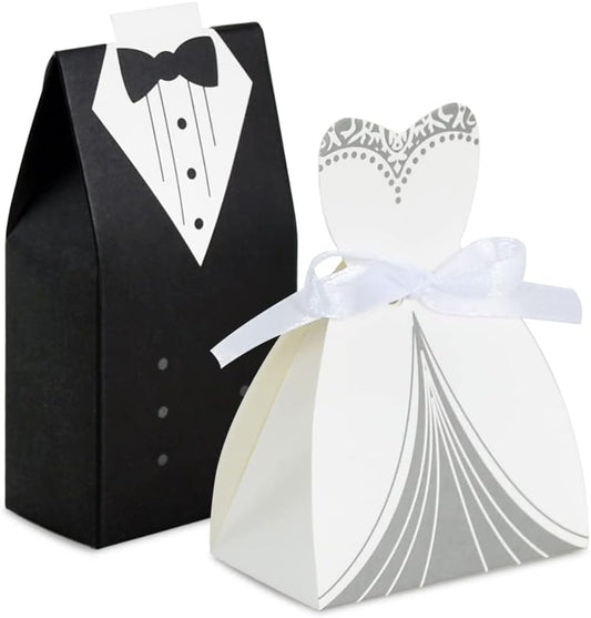 Bulk 50 Pcs Bride & Groom Wedding Party Favor Boxes Set Elegant Dress & Tuxedo Themed Candy Gift Boxes for Bridal Showers Receptions Party Decor Wholesale