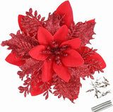 Bulk 12Pcs 5.5" Glitter Poinsettia Artificial Flowers with Clips for Christmas Tree Ornaments Wedding Party DIY Wreath Decor Wholesale