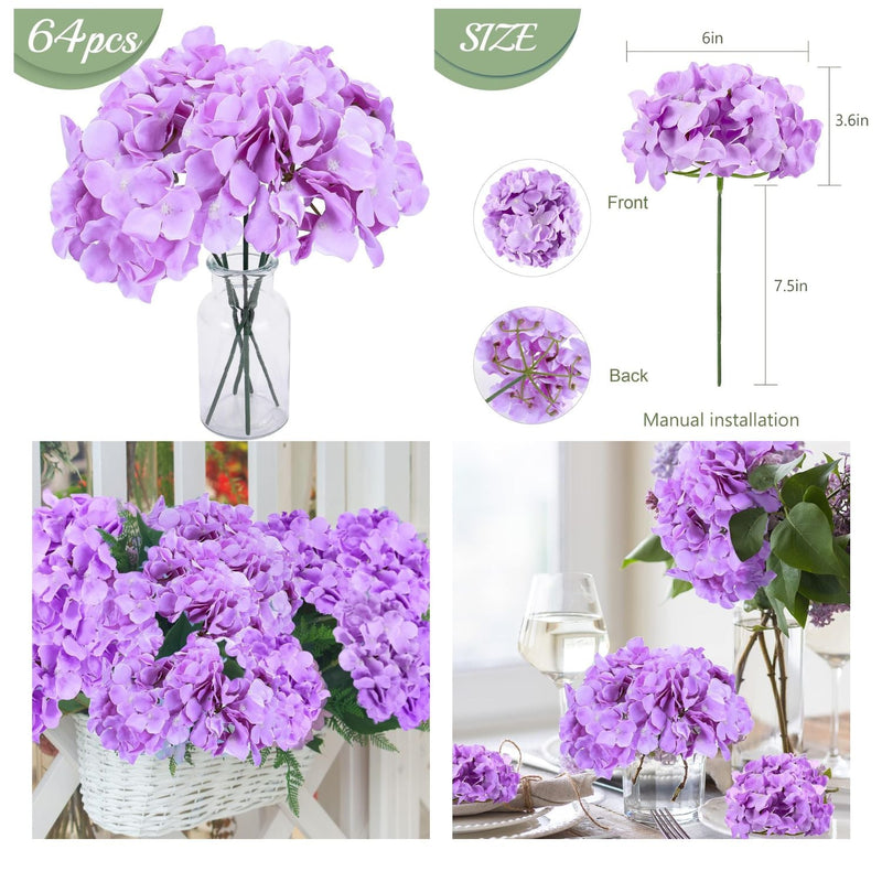 64 Pcs Silk Hydrangea Flowers Artificial Blooms 3-4 Inch for Wedding Centerpieces Home Decor