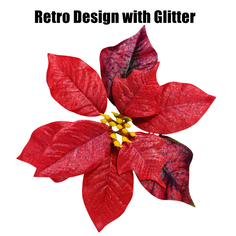 26 Inch Large Artificial Glitter Poinsettia Bouquet, 1 Stem, Retro Christmas Decor