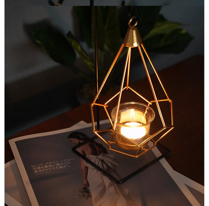 Bulk Irregular Candle Holder with Hanging Geometric Basket Tall Black Iron Stand Candlestick for Tabletop Centerpiece Wholesale