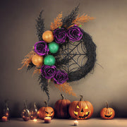 Halloween Purple Artificial Rose Grapevine Wreath with Spider Web Decoration, Bulk Party Decor