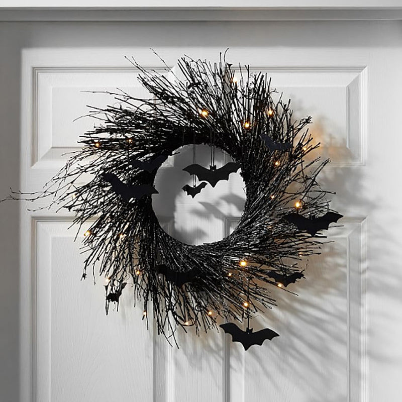 Halloween Bat Wreath with LED Lights, 20 Inch Artificial Decorative Wreath
