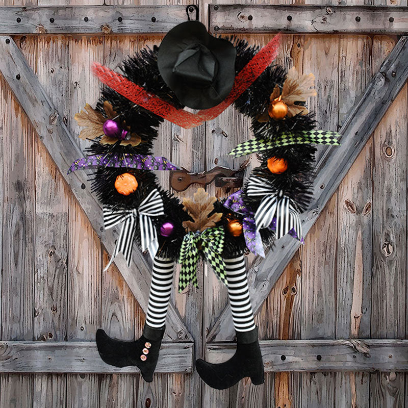 Halloween Witch Leg Wreath 16 Inch Black Artificial Decorative Accent