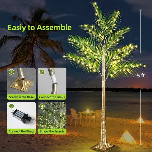 Lighted Artificial Palm Tree with Warm LED Lights, Greenery Decor with Adapter, Indoor Outdoor Patio Pool Tiki