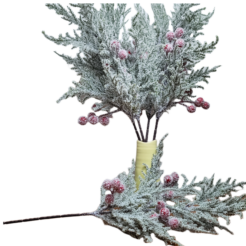 21 Inch Snowy Artificial Cedar Picks with Red Berries, 10 Pcs Silk Holiday Stems