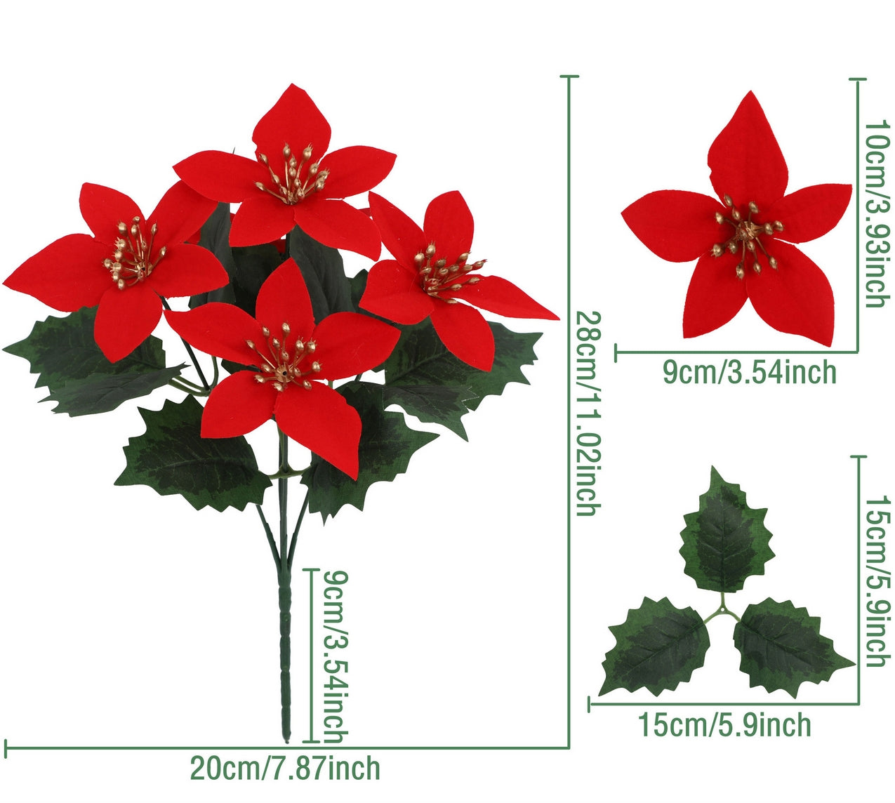 5 - Fork Artificial Poinsettia Flowers for Christmas & Holiday Decor