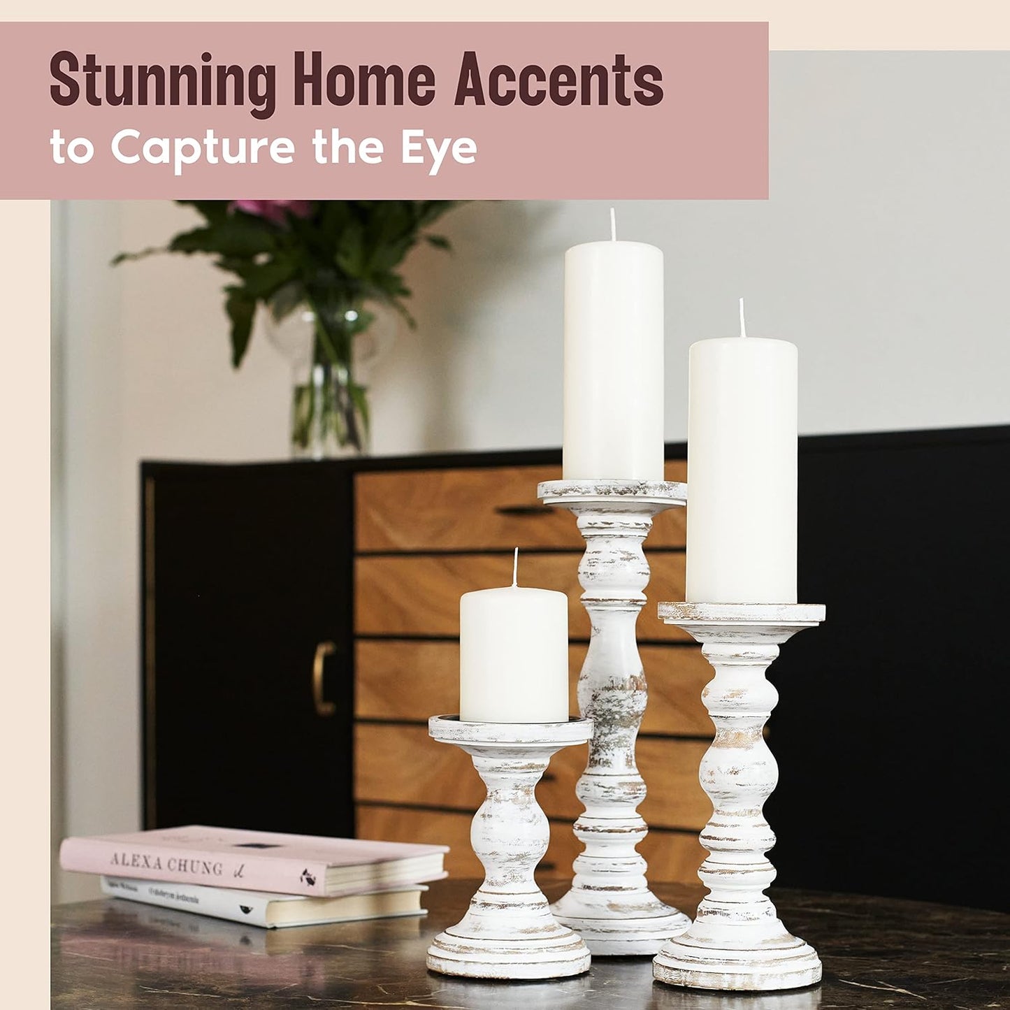 Bulk Set of 3 White Candle Holders for Pillar Candles Rustic Farmhouse Style for Table Centerpieces Coffee Table and Fireplace Mantel Wholesale