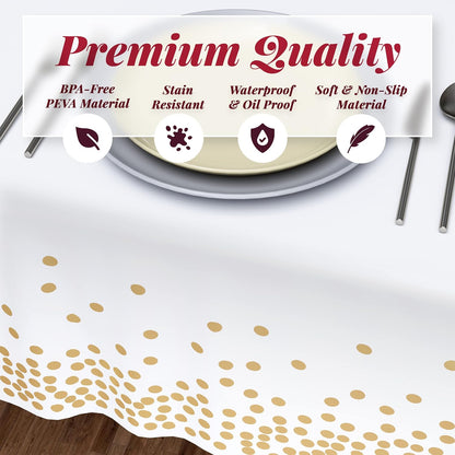Bulk 4 Pack White and Gold Disposable Tablecloths 54x108 Inches Plastic Party Tablecloths for Engagement and Baptism Decorations Wholesale