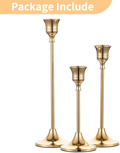 Bulk Set of 3 Brass Gold Candlestick Holders Taper Candle Holders for Table Mantel Wedding & Housewarming Gift Wholesale