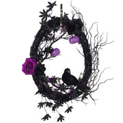 Artificial Maple Leaf Halloween Wreath with Black Crow, Purple Rose, Pumpkin & Grapevine – Fall Party Decoration, Bulk Wholesale