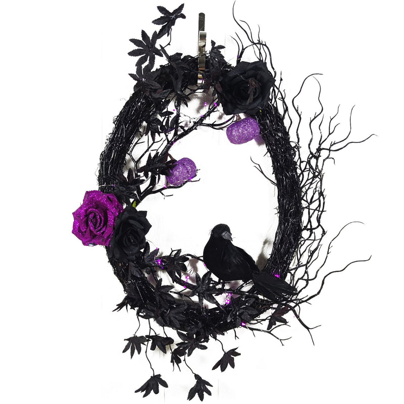 Artificial Maple Leaf Halloween Wreath with Black Crow, Purple Rose, Pumpkin & Grapevine – Fall Party Decoration, Bulk Wholesale