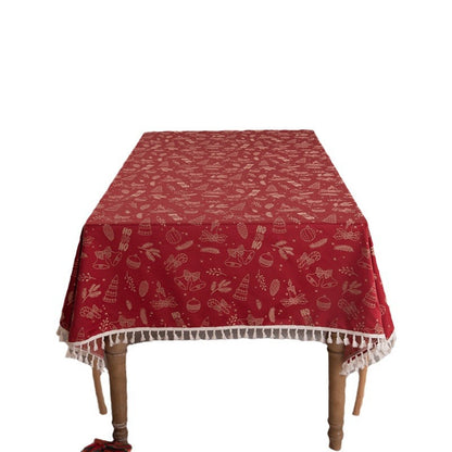 Bulk Red Printed Polyester Tablecloth with Tassels Washable, Dust-Resistant Rectangle Table Cover for Christmas and New Year Decorations Wholesale