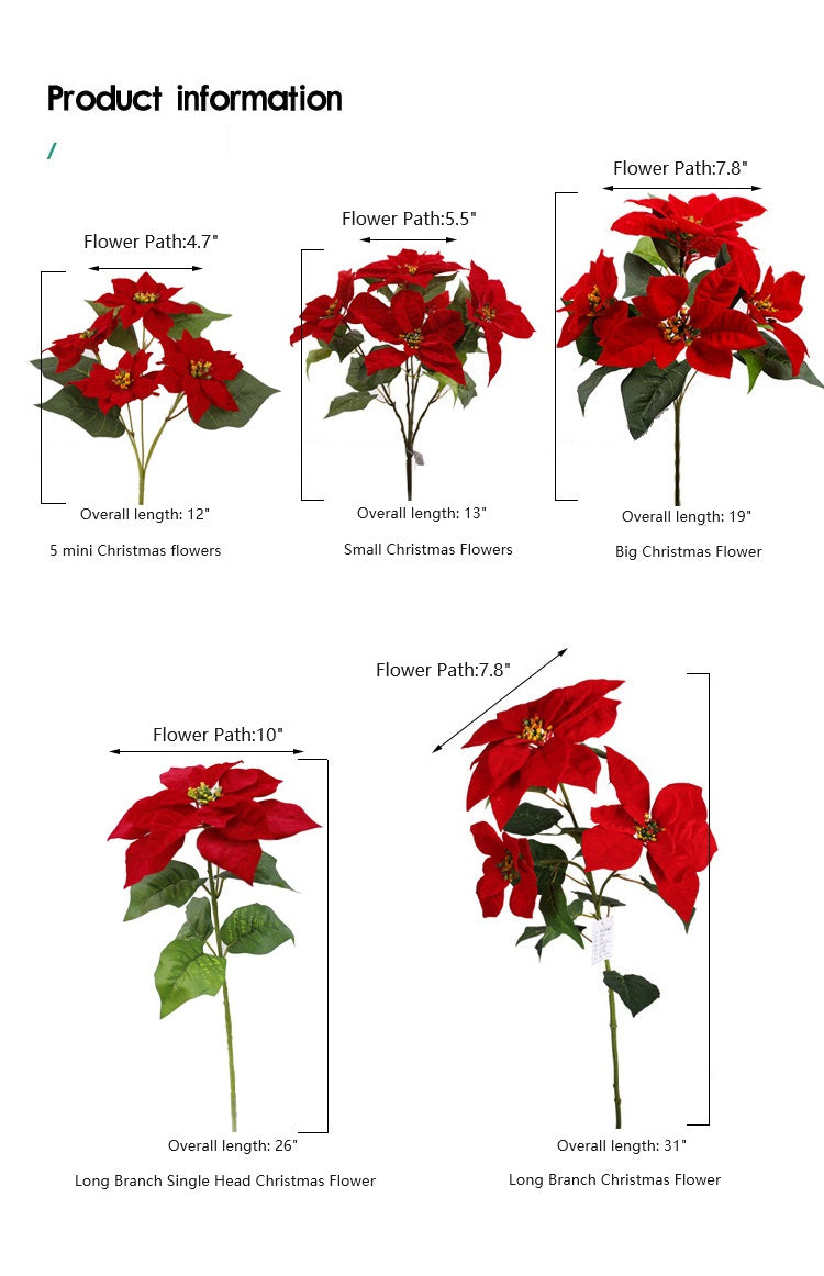 5 Sizes Bulk Artificial Velvet Poinsettia Stems Bushes Silk Christmas Flowers