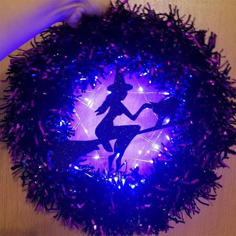 Halloween Witch Broom and Black Cat Light-Up Wreath 12 Inch Purple Artificial Flowers