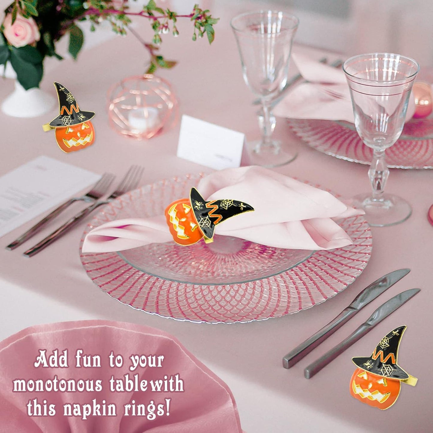 Bulk 6 Pcs Spooky Halloween Napkin Rings Orange Pumpkin and Black Witch Hat Design for Festive Party Table Decor Wholesale