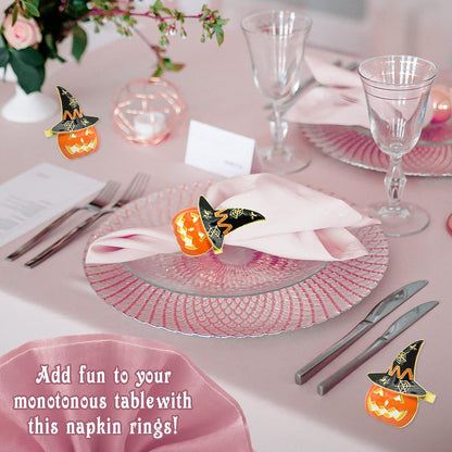 Bulk 6 Pcs Spooky Halloween Napkin Rings Orange Pumpkin and Black Witch Hat Design for Festive Party Table Decor Wholesale
