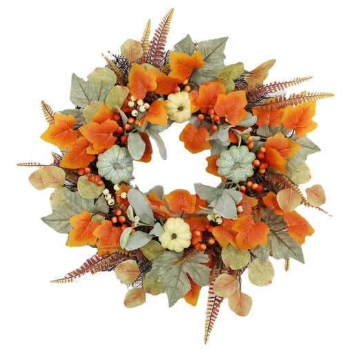 Artificial Pumpkin and Maple Leaf Wreath 14 Inch Fall Harvest Thanksgiving Decor