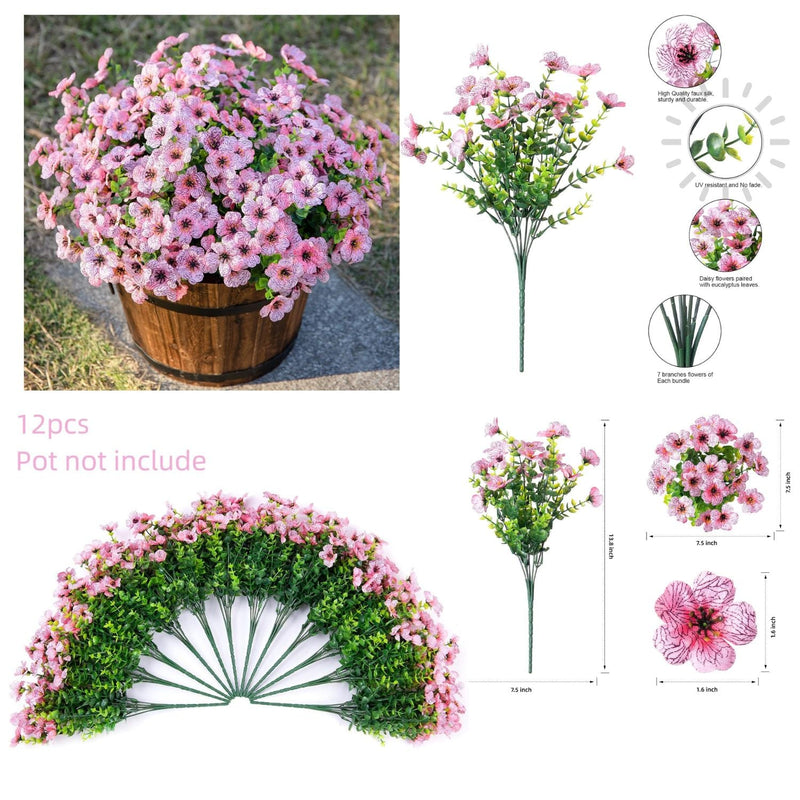 12 Bundles Artificial Daisy Flowers with Eucalyptus Leaves, 12 Inch, Realistic Silk Stems for Indoor Outdoor Decor