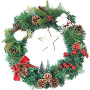 Artificial Cotton Pine Cones and Pine Needle Wreath, Red, 16 Inch Christmas Decoration