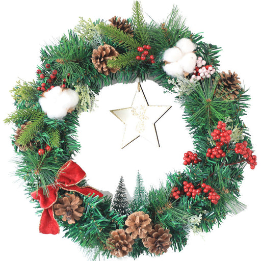 Artificial Cotton Pine Cones and Pine Needle Wreath, Red, 16 Inch Christmas Decoration