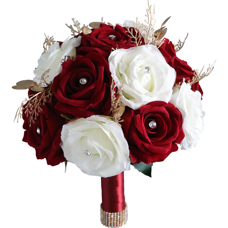 Bulk 9" Bridal Bouquet Burgundy & White Artificial Roses Wedding Bouquets Wholesale