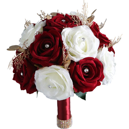 Bulk 9" Bridal Bouquet Burgundy & White Artificial Roses Wedding Bouquets Wholesale