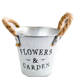 Bulk Metal Container Bucket Planter with 'Flowers & Garden' Quote Twine Handles White Rustic Iron Flower Vase for Farmhouse Style Home Decoration Wholesale