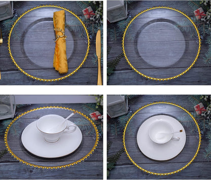 Bulk 100 Pcs Plastic Charger Plates 13" Gold Bead Rim Round Tableware for Wedding Party Event Decor Wholesale