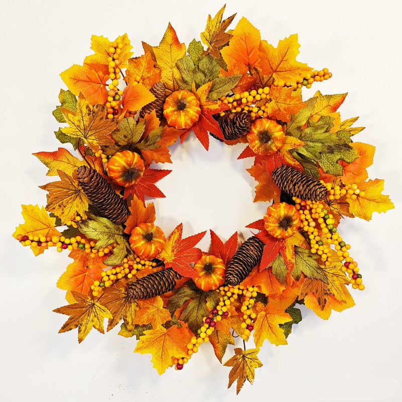 Artificial Fall Pumpkin Pine Cone Maple Leaf Wreath 18 Inch Thanksgiving Harvest Festival Decor