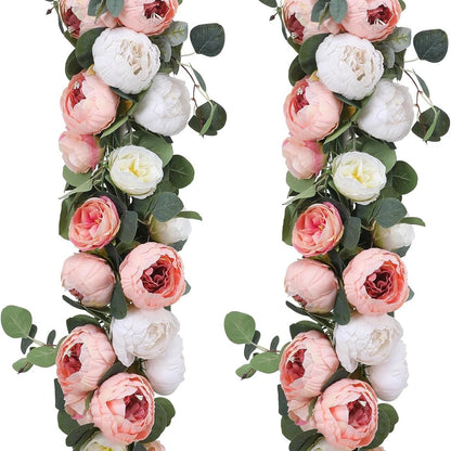 Bulk 2 Pack Artificial Peony Flower Garlands Eucalyptus Garlands with Flowers for Wedding Table Home Decor Wholesale