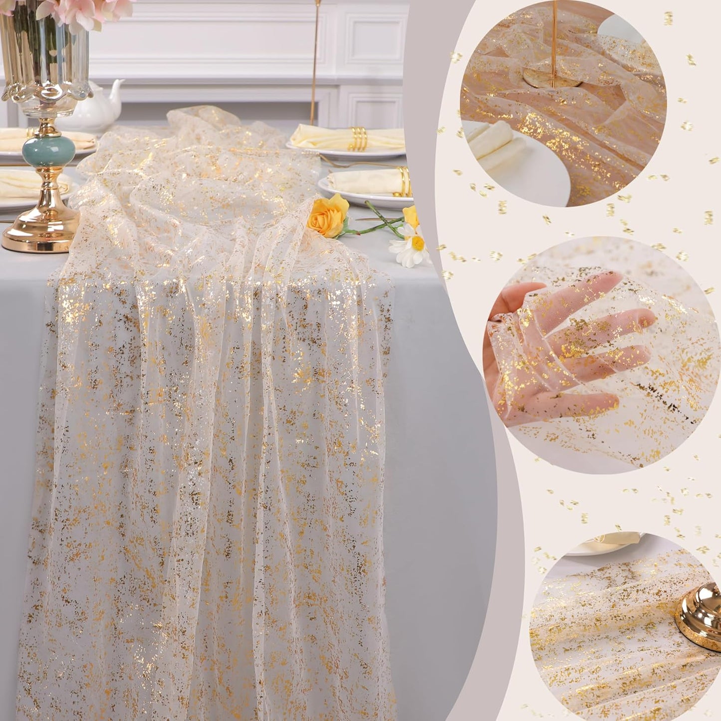 Bulk 13Ft Gold Table Runner Sequin Glitter Sheer Chiffon Cheesecloth with Metallic Foil for Wedding Birthday Baby Shower Party Decorations Wholesale