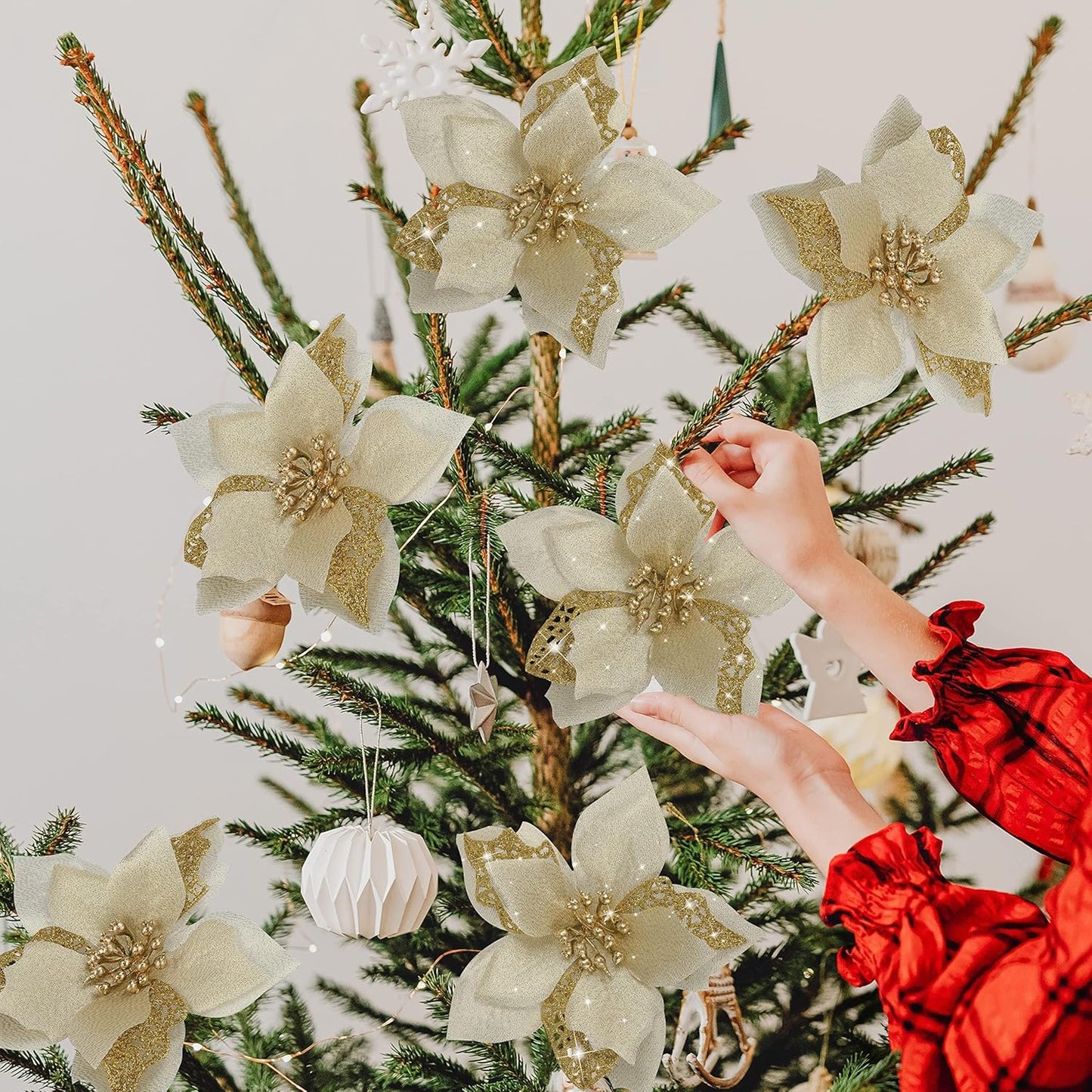 Bulk 12 Pcs Gold Glitter Artificial Poinsettia Flowers with Clips Christmas Tree Ornaments for DIY Wreaths Holiday Home and Party Decor Wholesale