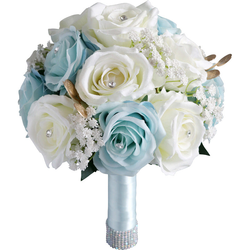 Bulk 8.66" White Blue Artificial Silk Rose Bridal Bouquet Wedding Tossing Ceremony Bouquet Wholesale