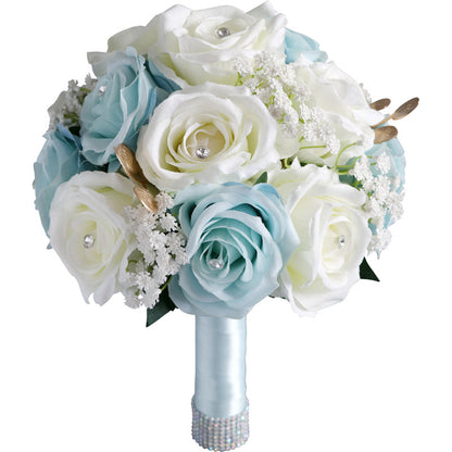 Bulk 8.66" White Blue Artificial Silk Rose Bridal Bouquet Wedding Tossing Ceremony Bouquet Wholesale