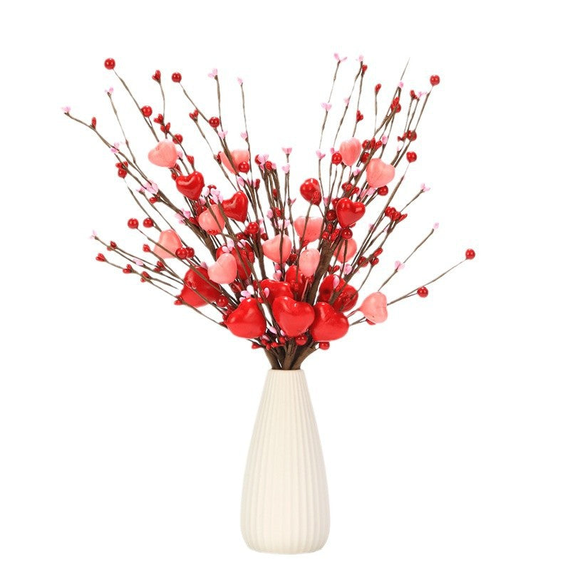 Bulk 3Pcs Red Heart Berry Stems Artificial Valentine’s Day Flowers for Home Office Table Decor Wholesale
