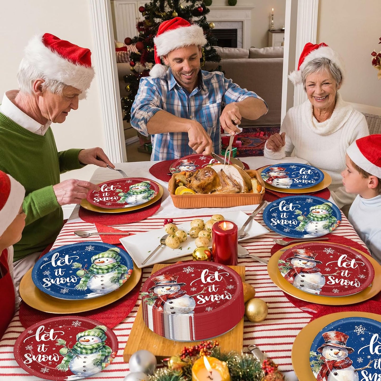 Bulk 100Pcs 7-Inch Let It Snow Christmas Paper Plates – Snowman Themed Red and Blue Party Tableware for Holiday Celebrations Wholesale