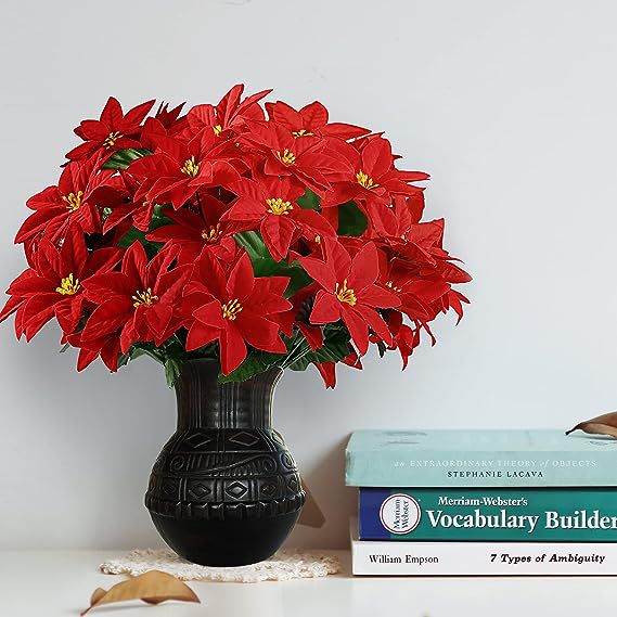 Bulk 5 Pack 15’’ Artificial Poinsettia Bouquet Velvet Poinsettia Bush Christmas Flowers for Home Garden Indoor Outdoor Xmas Decor Wholesae