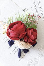 Retro Red Peony and Daisy Boutonnieres and Corsage Set, Bulk Artificial Flowers, Wedding Accessories