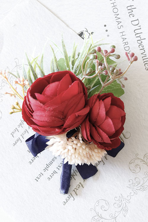 Retro Red Peony and Daisy Boutonnieres and Corsage Set, Bulk Artificial Flowers, Wedding Accessories