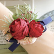Retro Red Peony and Daisy Boutonnieres and Corsage Set, Bulk Artificial Flowers, Wedding Accessories