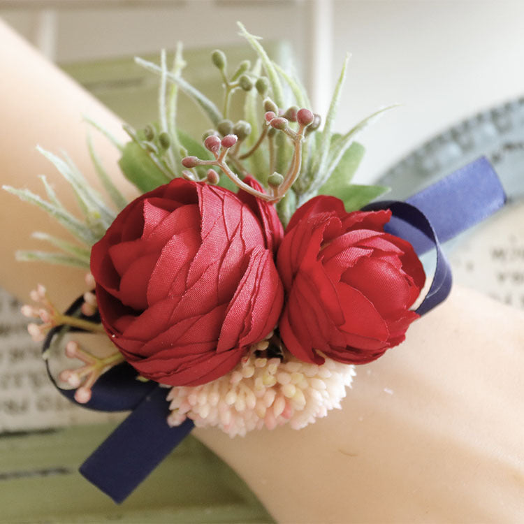 Retro Red Peony and Daisy Boutonnieres and Corsage Set, Bulk Artificial Flowers, Wedding Accessories