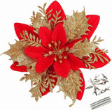 Bulk 12Pcs 5.5" Glitter Poinsettia Artificial Flowers with Clips for Christmas Tree Ornaments Wedding Party DIY Wreath Decor Wholesale